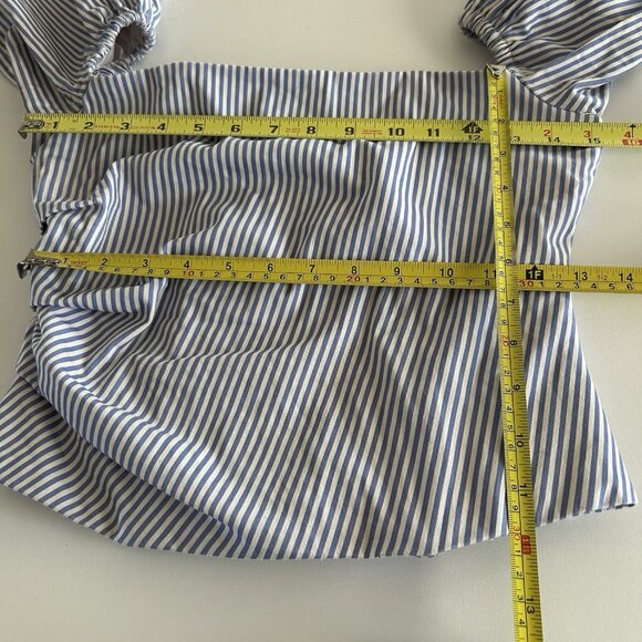 Bebe Poplin Off Shoulder Blue White Striped Top 2 Cotton Nautical Date Night Bea - Picture 7 of 11